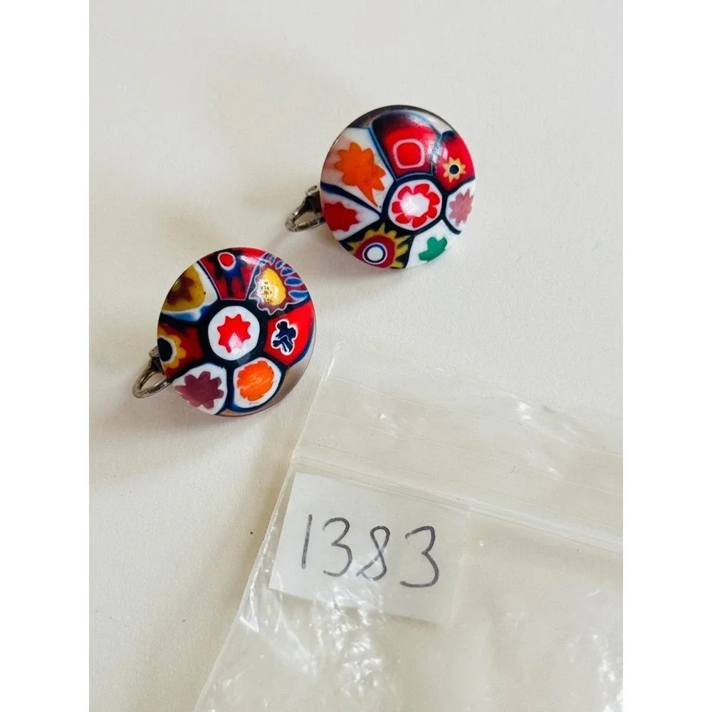 VTG Italy Round Earrings Button Glass Venetian Murano colorful Floral Millefiori